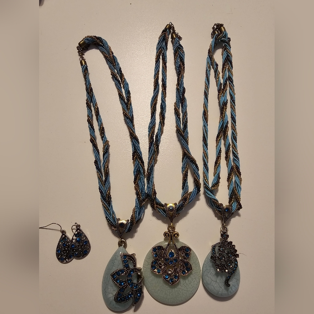 Blue and Gold Pendant Necklaces And Earrings